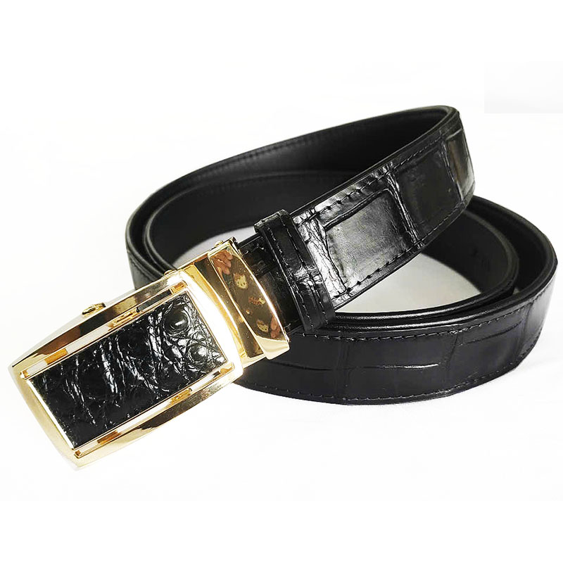 Thắt lưng da cá sấu không nối may viền màu đen 3.5F- A3171