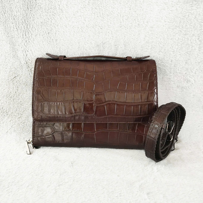 Túi xách da cá sấu nữ 2 khoá kéo màu nâu tối 0220 Túi xách da cá sấu nữ 2 khoá kéo màu nâu tối 0220