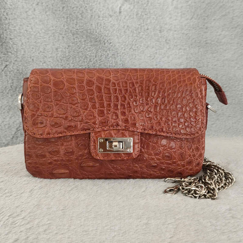 Túi xách da cá sấu nữ hoa cà da bụng nâu đỏ 0258 Túi xách da cá sấu nữ hoa cà da bụng nâu đỏ 0258