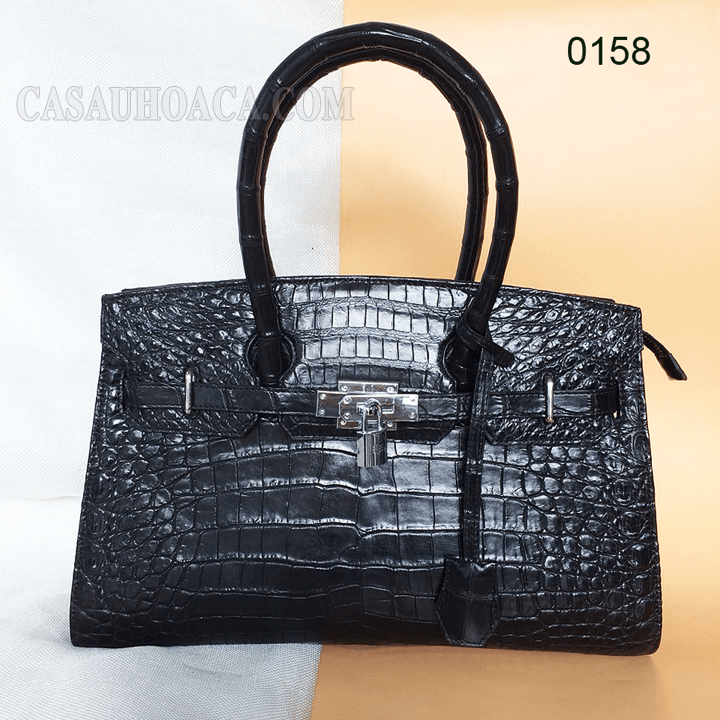 Túi xách da cá sấu hoa cà da bụng màu đen- 0158